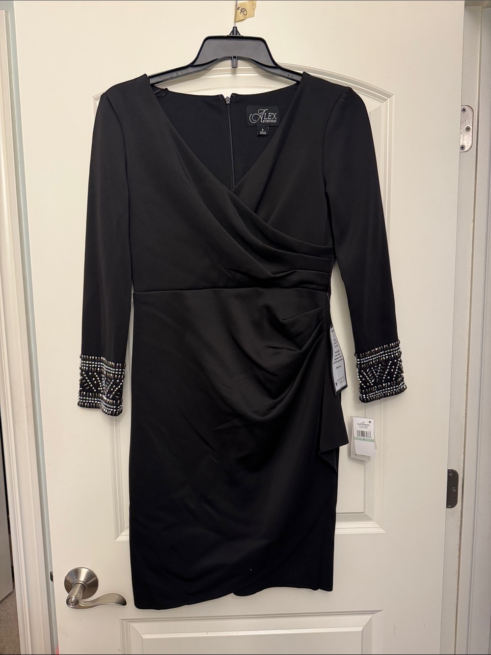 Alex Evenings Black Faux-Wrap Sheath Dress with Beaded Cuffs